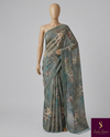 The Sage Conservatory: Muted Olive-Slate Italian Silk Saree with Vintage Baroque Floral Print