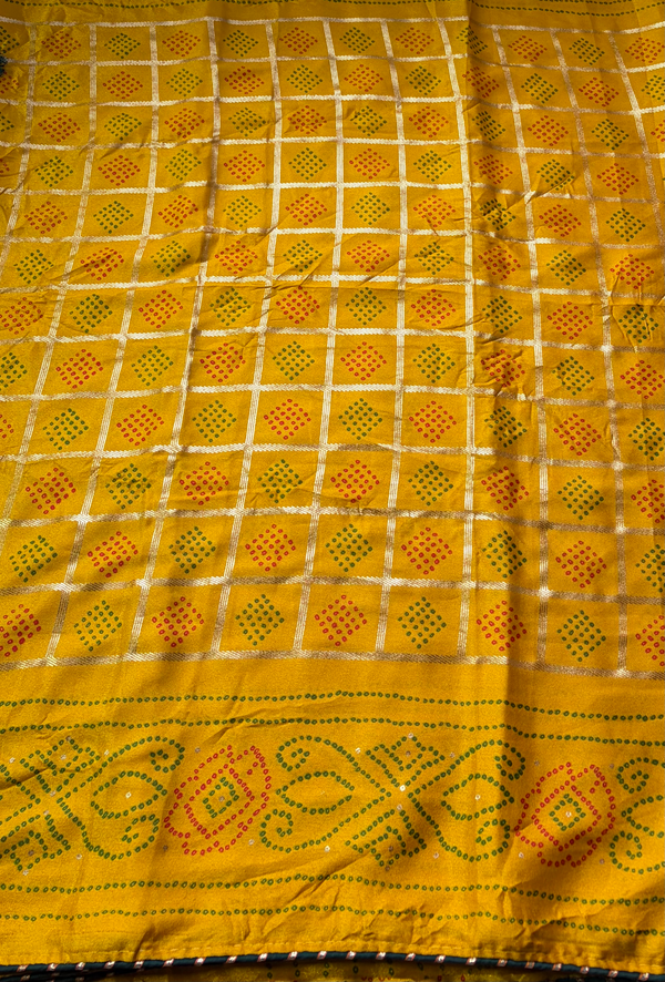 The Marigold Loom: Mustard Yellow Italian Crepe Bandhani Saree