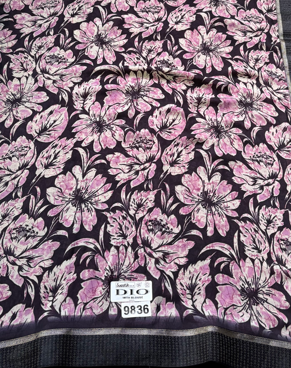 The Charcoal Dahlia: Charcoal Black Chiffon Saree with Blush Pink Floral Print