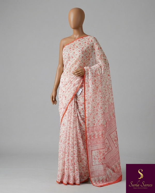 The Ivory Orchard: Off-White Chiffon Saree with Coral Red Micro-Floral Prints