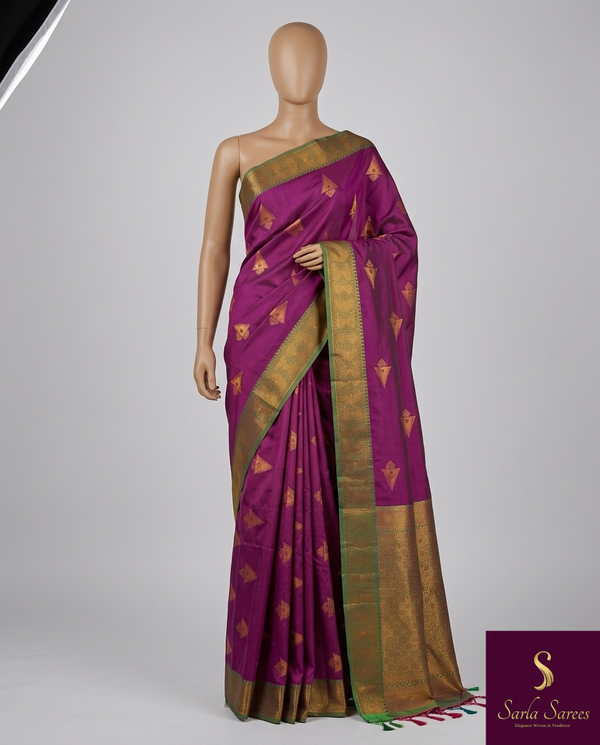 The Orchid Grove: Deep Magenta Satin Silk Saree with Olive Green Zari Border