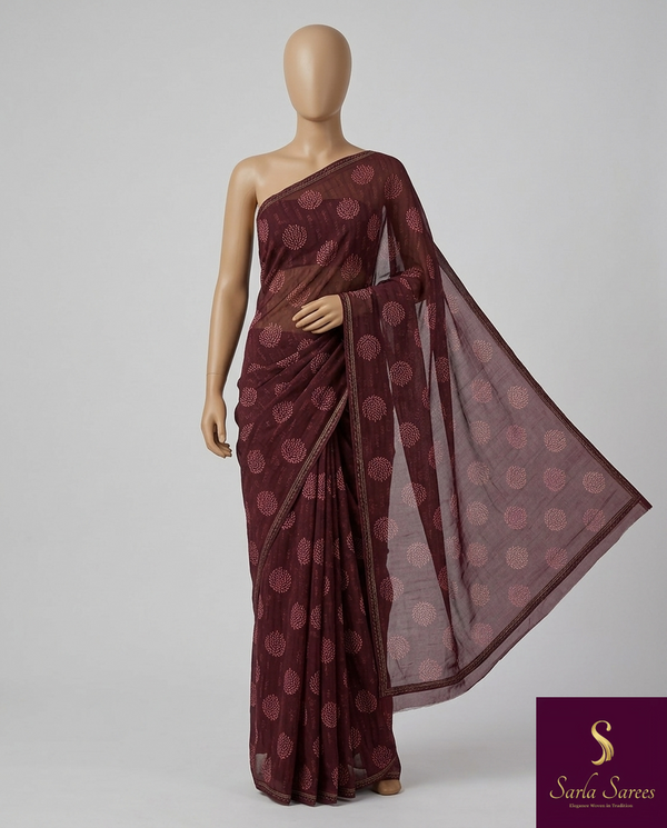The Maroon Vineyard: Deep Wine Printed Saree with Dusty Rose Tree Medallions