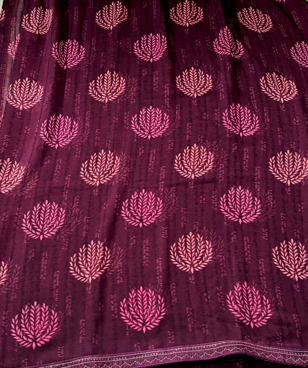 The Maroon Vineyard: Deep Wine Printed Saree with Dusty Rose Tree Medallions