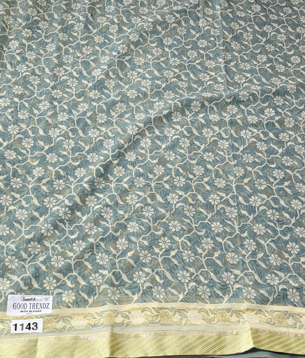 The Slate Orchard: Steel Grey Printed Saree with Cream Floral Vine Lattice & Lemon Trim