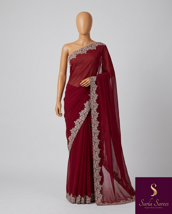The Maroon Midnight: Deep Wine Maroon Saree With Silver Cutwork Lace Border