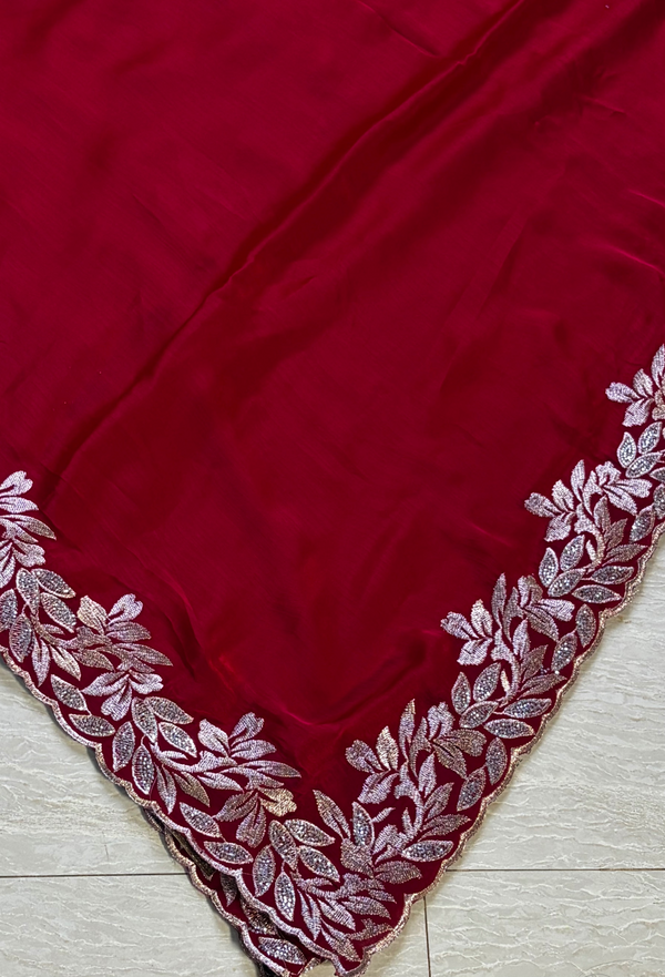 The Maroon Midnight: Deep Wine Maroon Saree With Silver Cutwork Lace Border