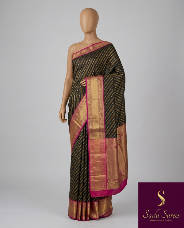 The Midnight Leher: Black & Gold Leheriya Saree With Fuchsia Pink Zari Border