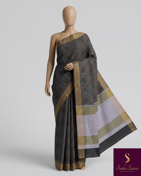 The Charcoal Chitra: Charcoal Grey Cotton Silk Saree With Muted Gold Zari Borders
