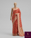 The Shonima Heritage: Scarlet Red Banarasi Silk Saree With Antique Gold Zari Jaal