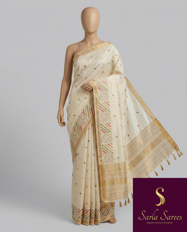 The Ivory Mayura: Ivory Tussar Cotton Silk Saree With Multi-Color Pastel Embroidery