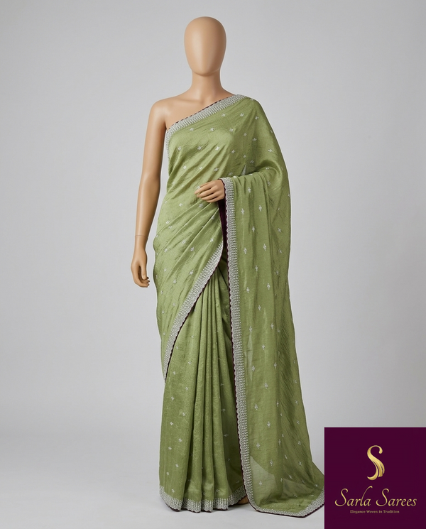 The Olive Shimmer: Olive Green Saree With Hand-Worked Borders