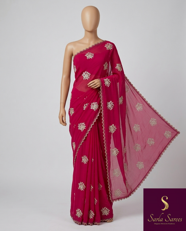 The Madhuri Rani: Deep Magenta Fuchsia Saree with Silver Hand-Worked Flowers