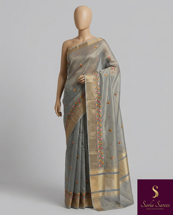 The Ashani Malini: Sterling Grey & Gold Tissue Cotton Saree