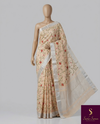 The Charu Malini: Pastel Peach Embroidered Linen Saree