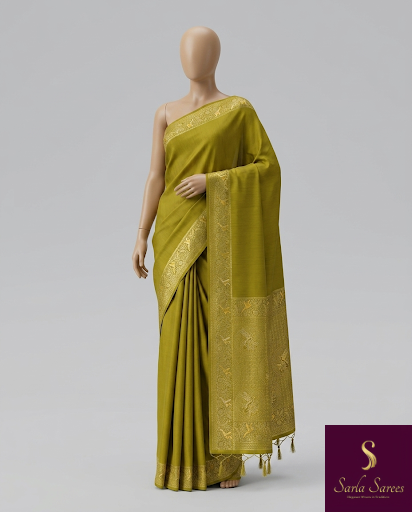 The Kritika Malini: Olive Green & Gold Raw Silk Saree