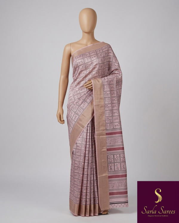 The Rosewood Malini: Dusty Rose Printed Raw Silk Saree