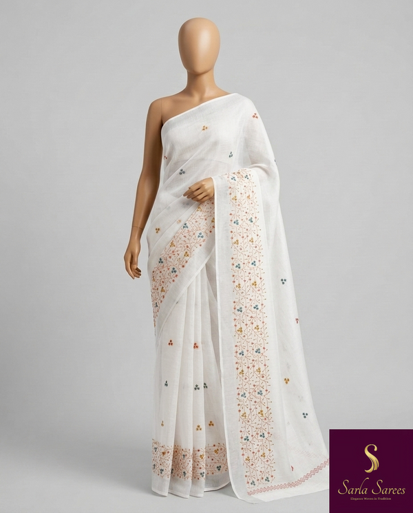 The Shweta Malini: Pure White Embroidered Cotton Saree