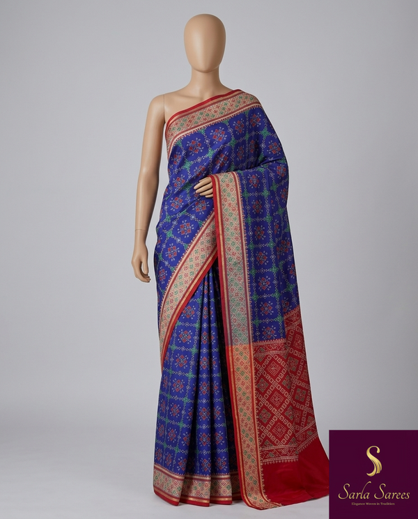The Neelima Mayura: Royal Blue Patola Printed Silk Saree