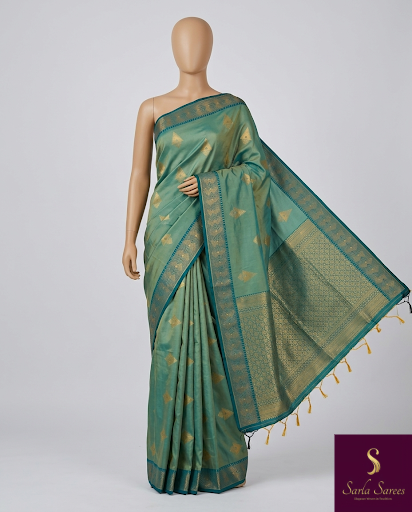 The Emerald Nila: Sage Green & Teal Woven Zari Silk Saree