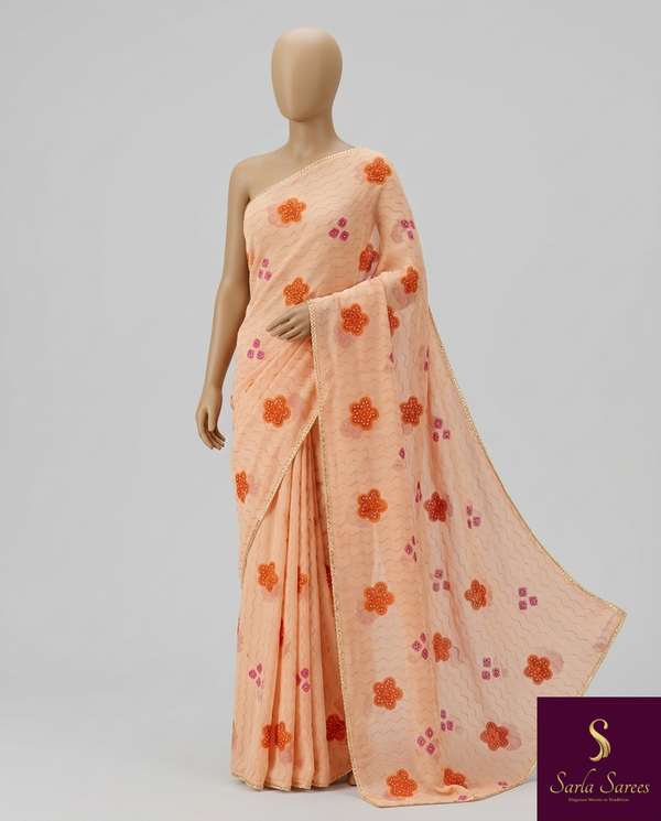 Charu Nila: Peach & Orange Bandhani-Embellished Saree