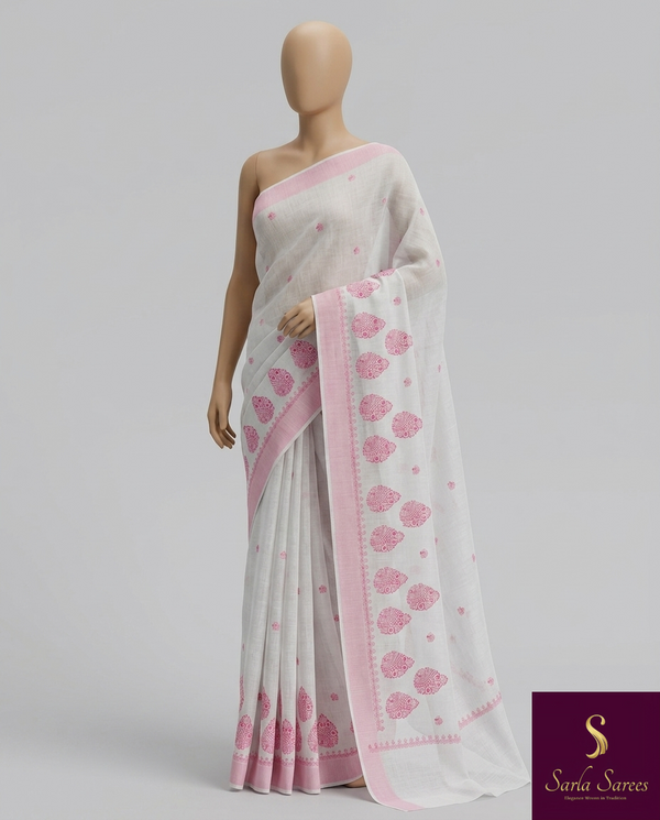 The Rohini Mayura: Pristine White & Candy Pink Cotton Saree