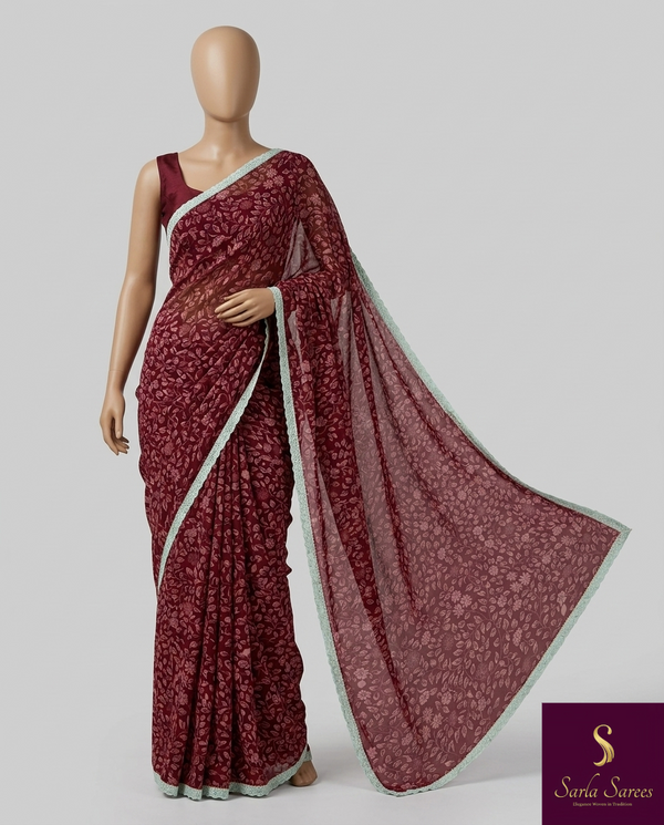 The Rohini Riva: Deep Maroon & Mint Lace Floral Printed Saree