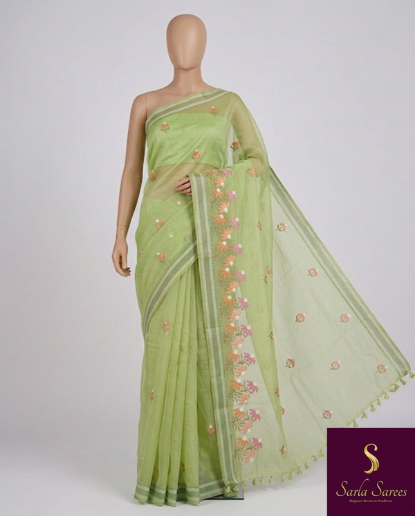 The Vasundhara Riva: Lime Green Floral Embroidered Cotton Saree