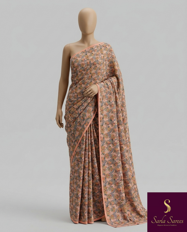 The Tanvi Riva: Dusty Peach & Slate Grey Floral Printed Saree