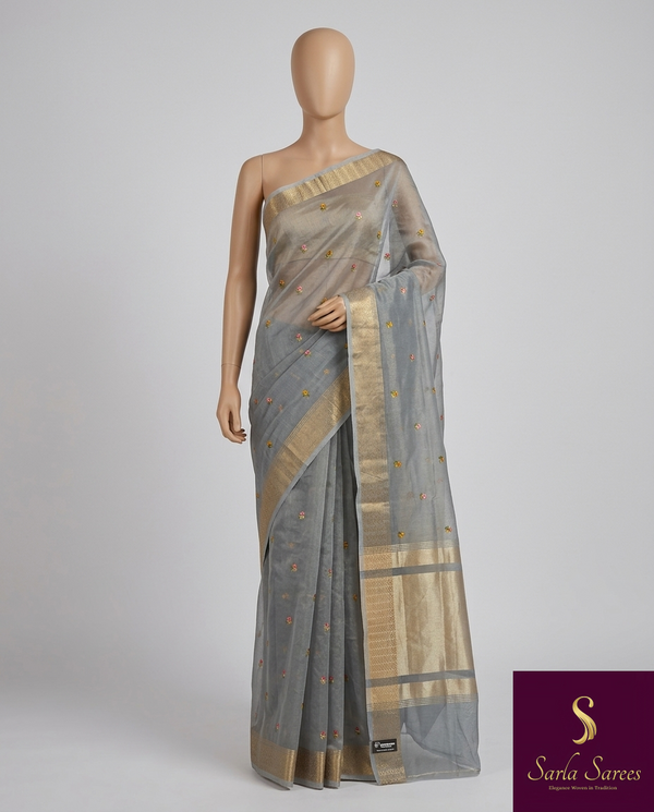 The Ashwika Vilasa: Slate Grey Embroidered Saree