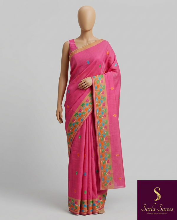 The Manjari Riva: Rani Pink Floral Embroidered Cotton Saree