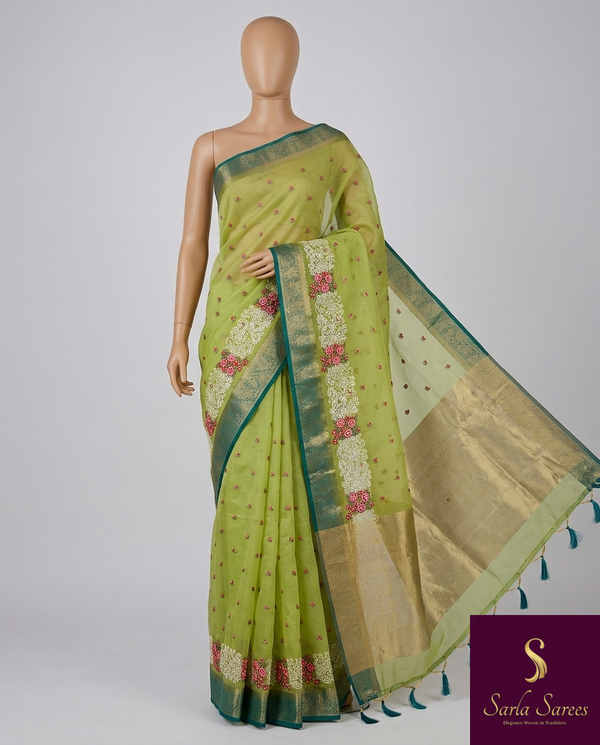 The Shambhavi Vilasa: Lime Green Floral Embroidered Tissue Organza Saree