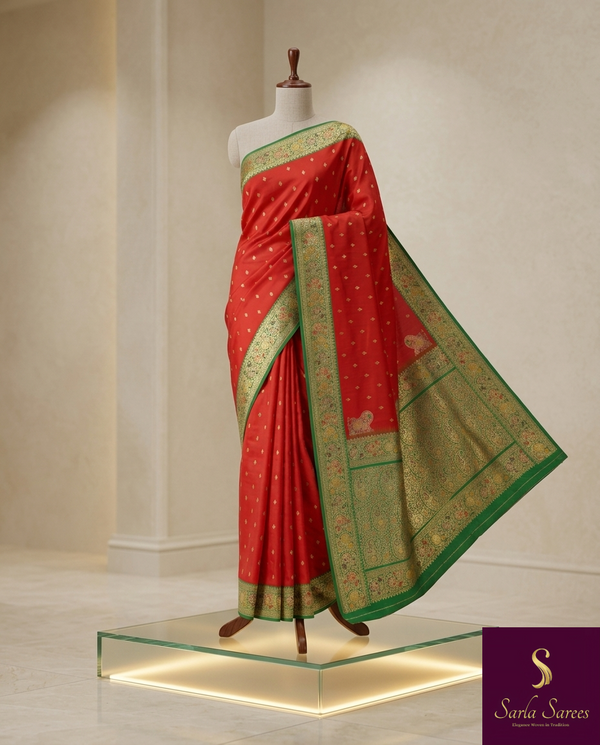 The Arundhati Vilasa: Vermilion Red & Emerald Green Woven Saree