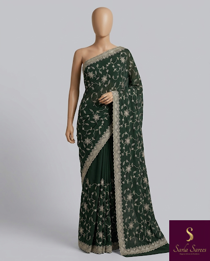The Mandira Vilasa: Bottle Green Embroidered Saree