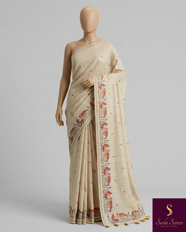 The Padmavati Vilasa: Natural Beige Royal Procession Tussar Silk Cotton Saree