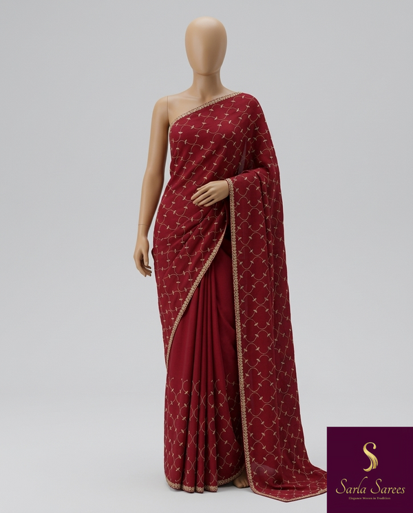The Ragini Riva: Crimson Maroon Threadwork Embroidered Saree