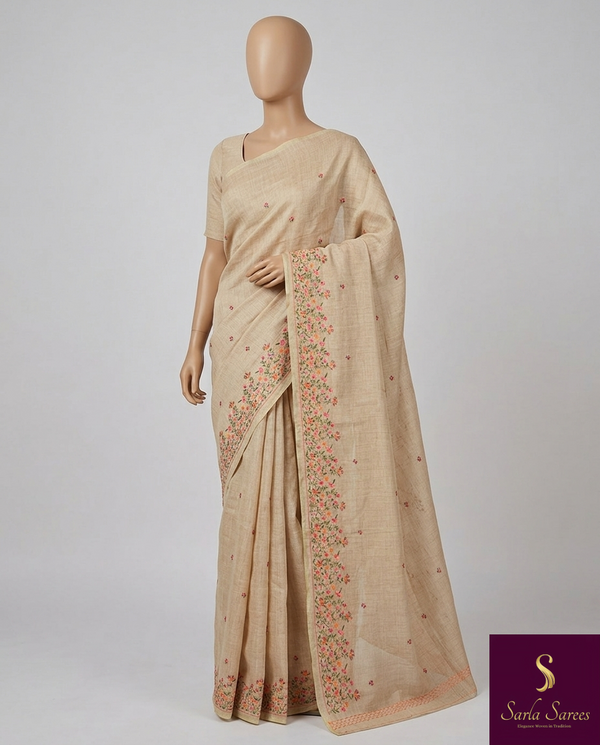 The Aarna Riva: Beige Tussar-Finish Embroidered Handloom Cotton Saree
