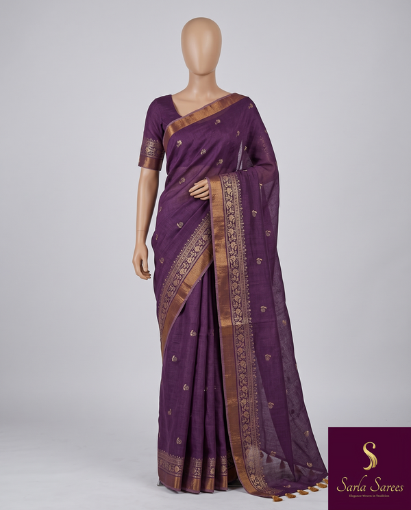 The Malvika Riva: Plum Purple Handloom Cotton Saree with Antique Gold Zari