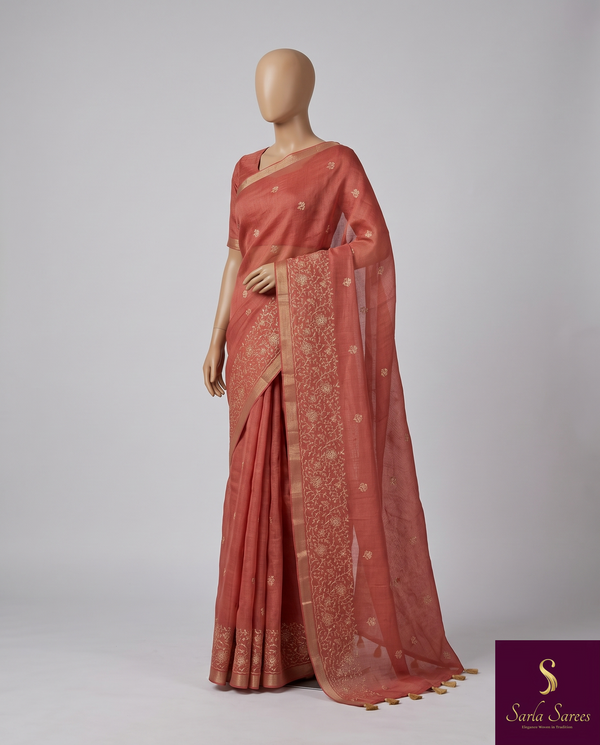 The Tanvi Vilasa: Rust Rose Handloom Cotton Saree with Antique Gold Zari