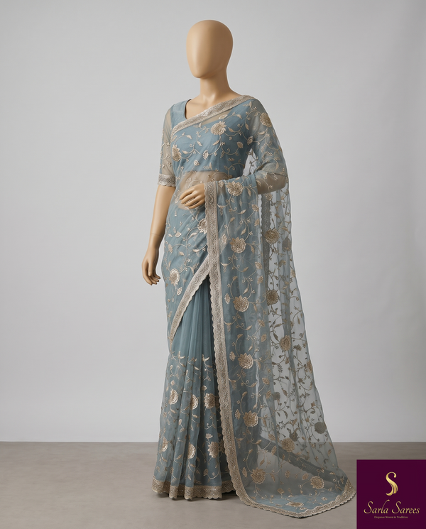 The Meher Riva: Dusty Slate Blue Embroidered Net Saree with Scalloped Border
