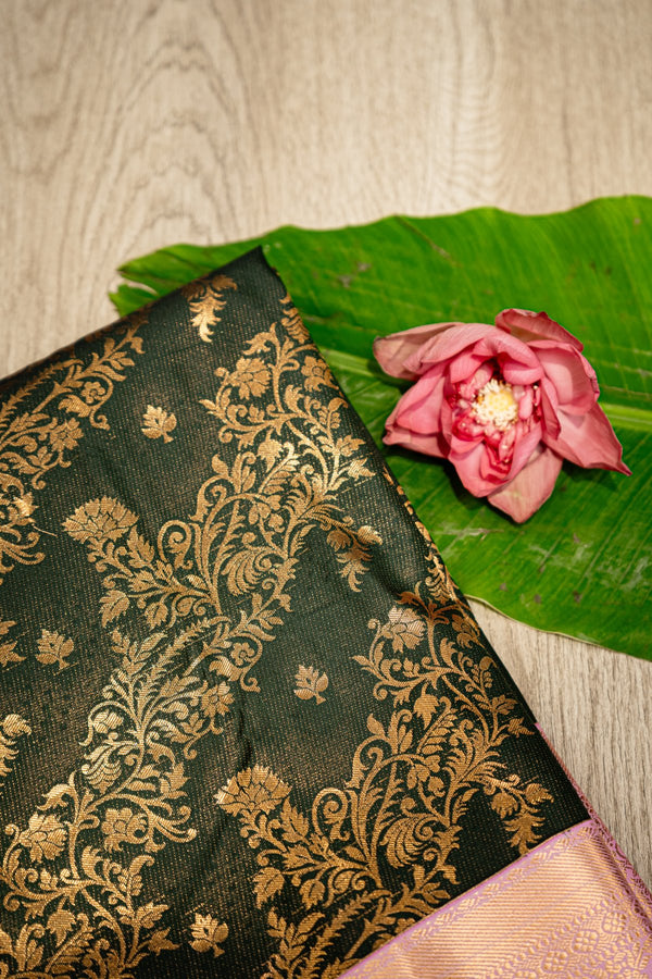 Midnight & Blossom: The Black Kanchipuram with Light Pink
