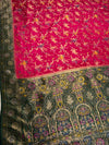 The Mughal Garden: Cherry Red Banarasi Silk Saree with Emerald Shikargah & Palace Arch Pallu
