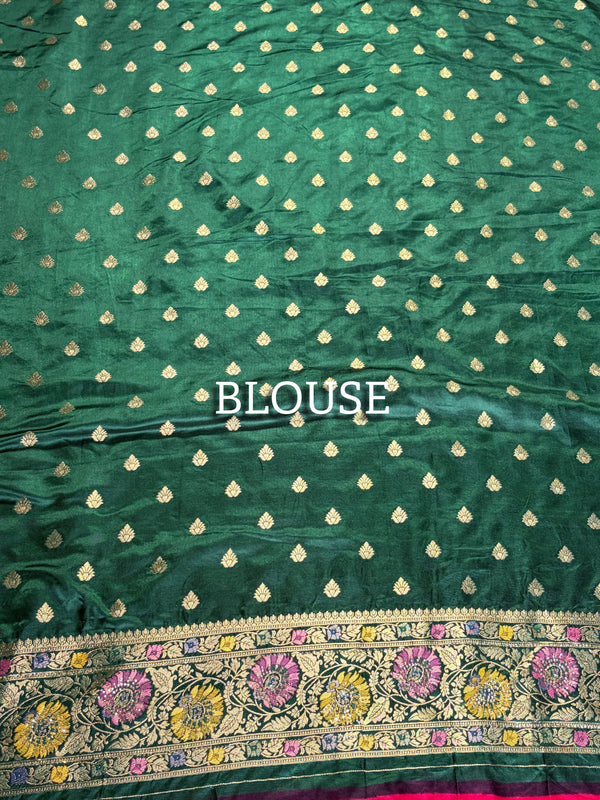 The Mughal Garden: Cherry Red Banarasi Silk Saree with Emerald Shikargah & Palace Arch Pallu