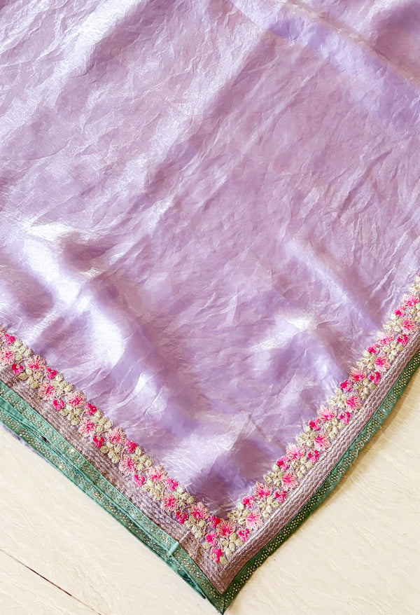 The Vritika Vilasa: Lilac Embroidered Tissue Saree