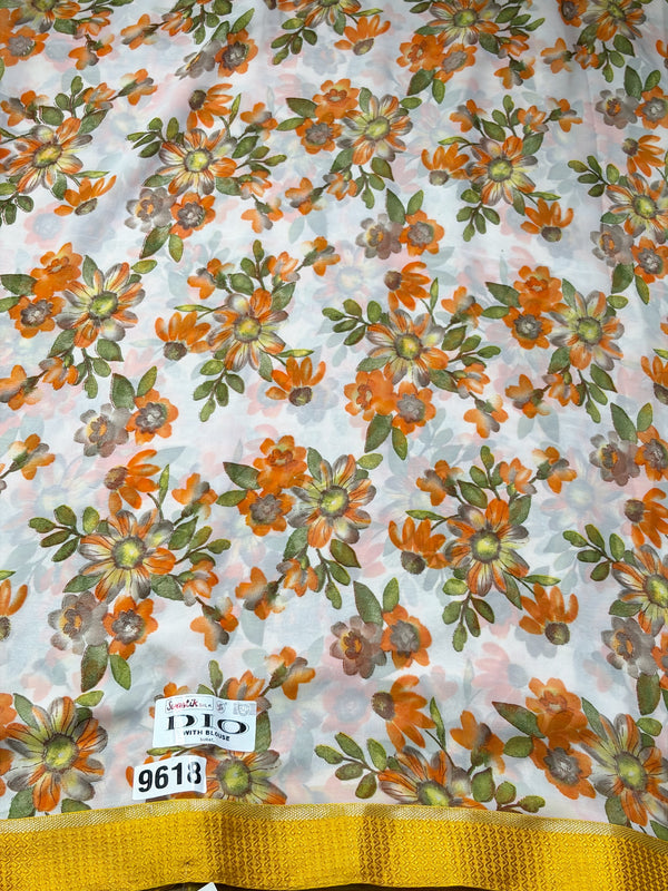 The Marigold Meadow: Cream Printed Saree with Vibrant Yellow Textured Border