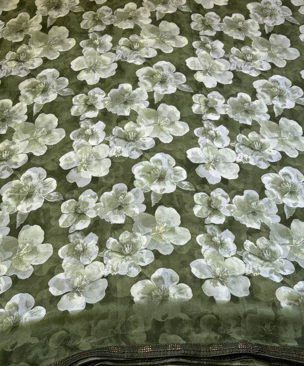 The Sage Blossom: Olive-Sage Chiffon Saree with Delicate Sequin Border