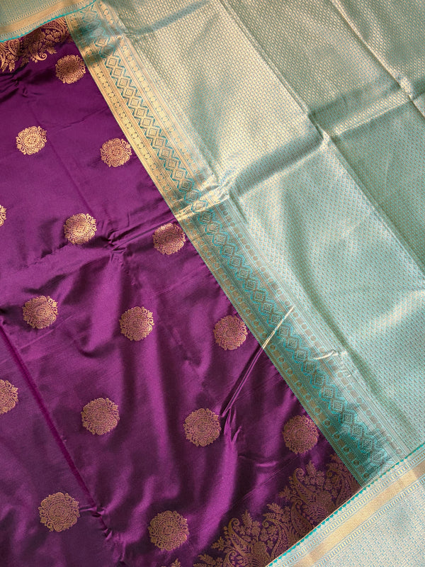 The Yamini Vilasa: Deep Plum & Turquoise Cyan Kanchipuram Silk Saree