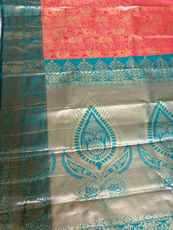 The Revati Vilasa: Coral Peach & Peacock Teal Kanchipuram Tissue Silk Saree