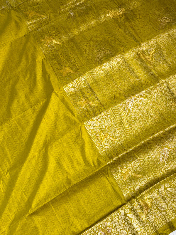 The Kritika Malini: Olive Green & Gold Raw Silk Saree