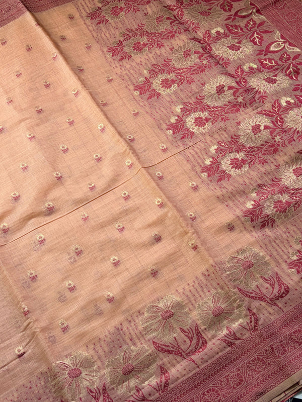 The Ochre Orchard: Muted Amber Linen Saree with Terracotta Floral Borders