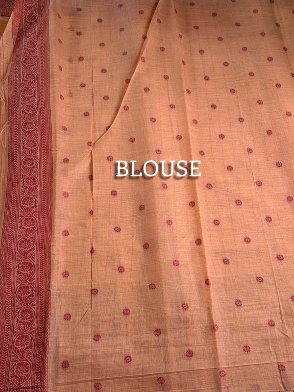 The Ochre Orchard: Muted Amber Linen Saree with Terracotta Floral Borders